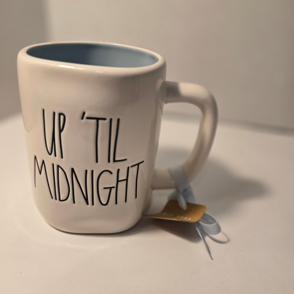 Rae Dunn White and Light Blue Mug - Up 'Til Midnight